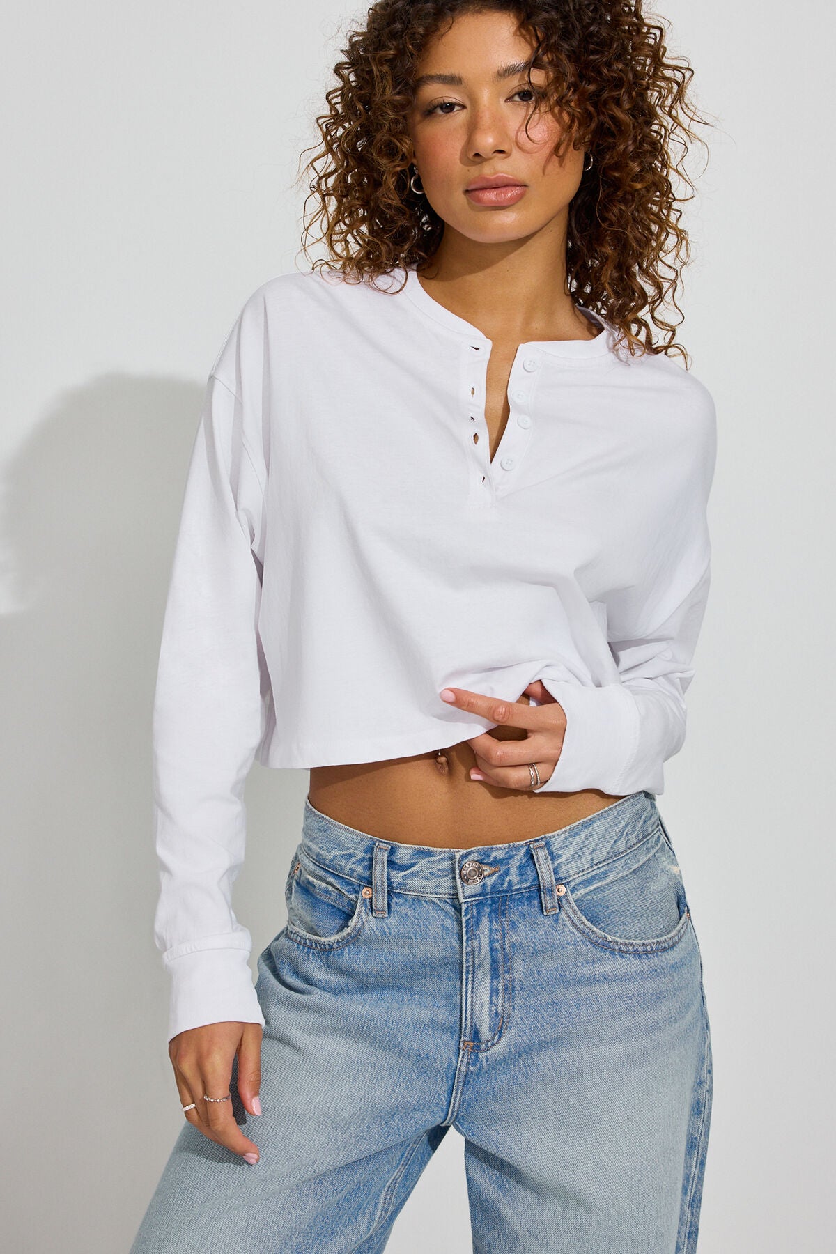 Oversized Henley Long Sleeve Top White Garage Clothing Women