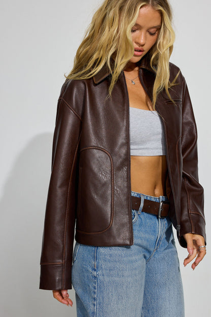 Oversized Faux Leather Worker Jacket Brown Garage Clothing Women