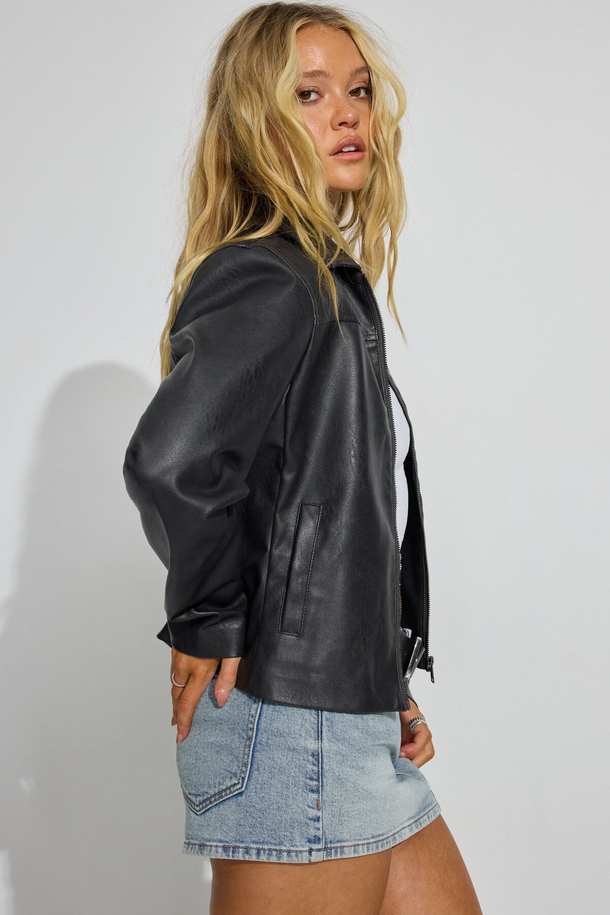 Faux Leather Worker Jacket Black Garage Clothing Women