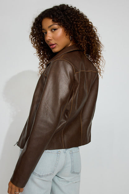 Faux Leather Worker Jacket Brown Garage Clothing Women