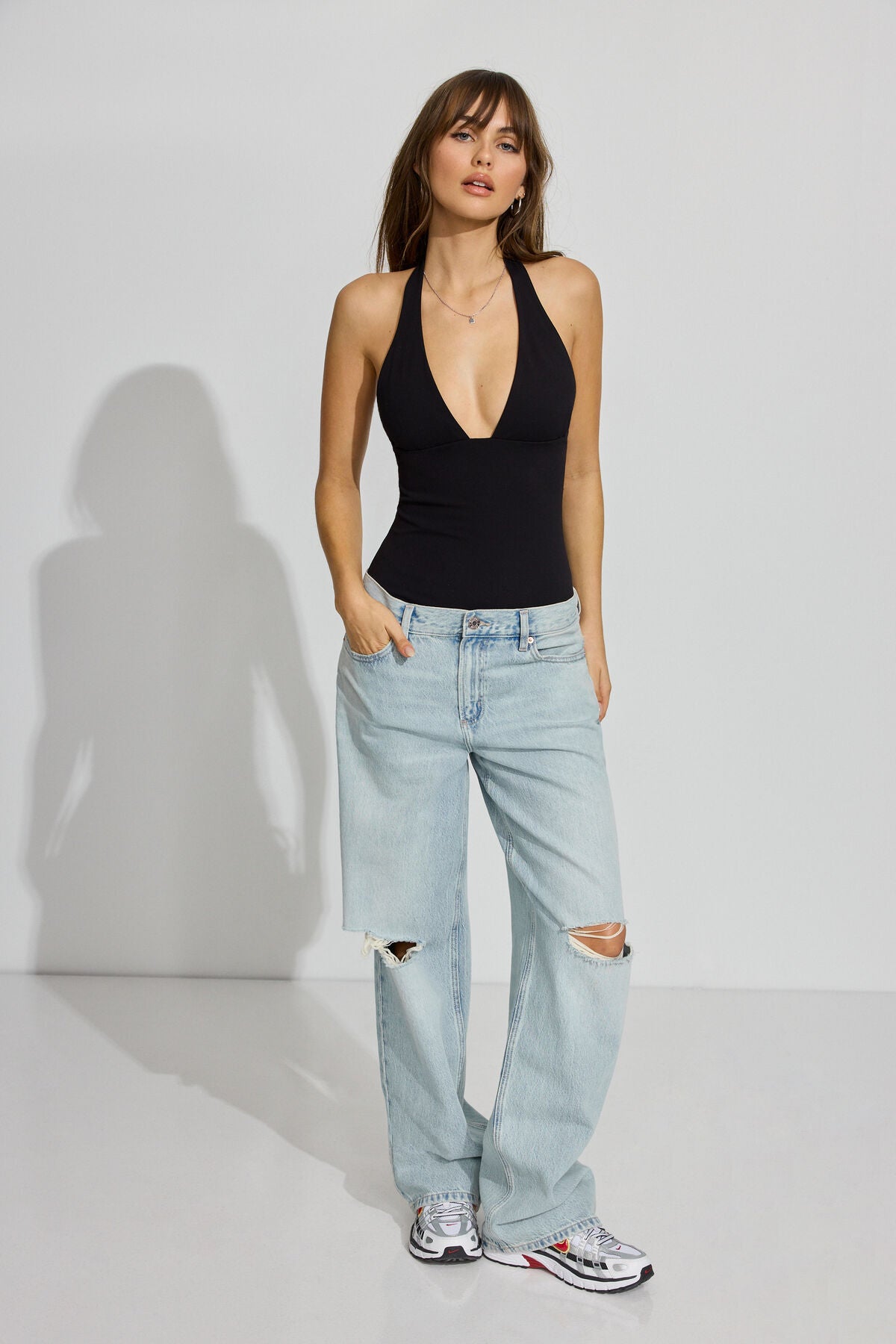 Sleek Plunge Halter Bodysuit Black Garage Clothing Women