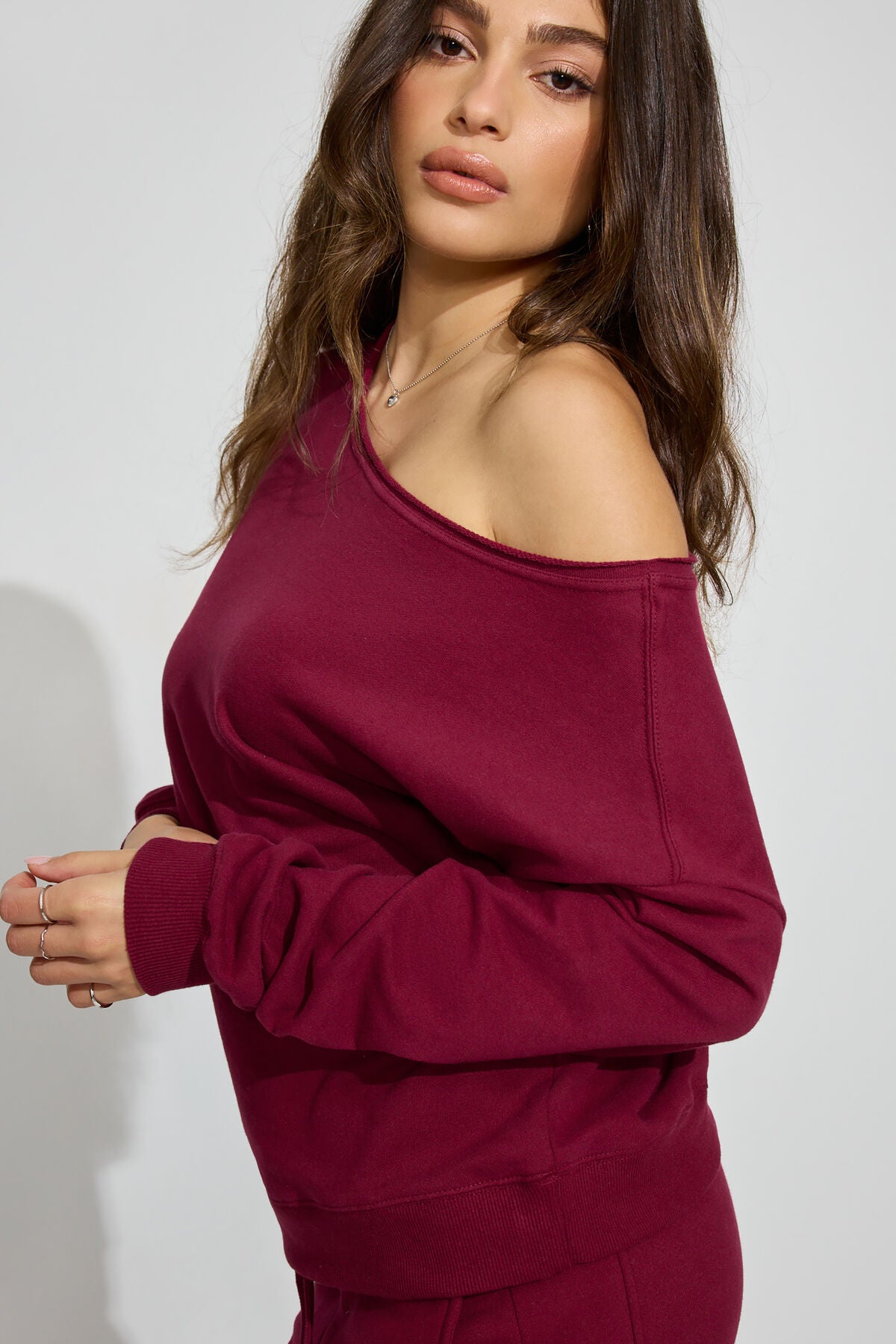 SoftTerry Off Shoulder Sweatshirt Burgundy Garage Clothing Women