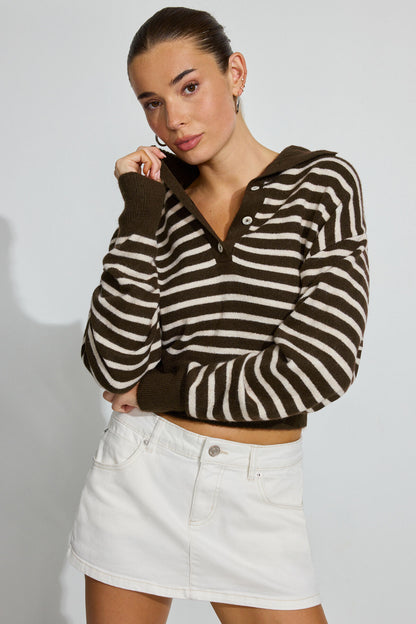 Long Sleeve Spongy Henley Sweater Brown Garage Clothing Women