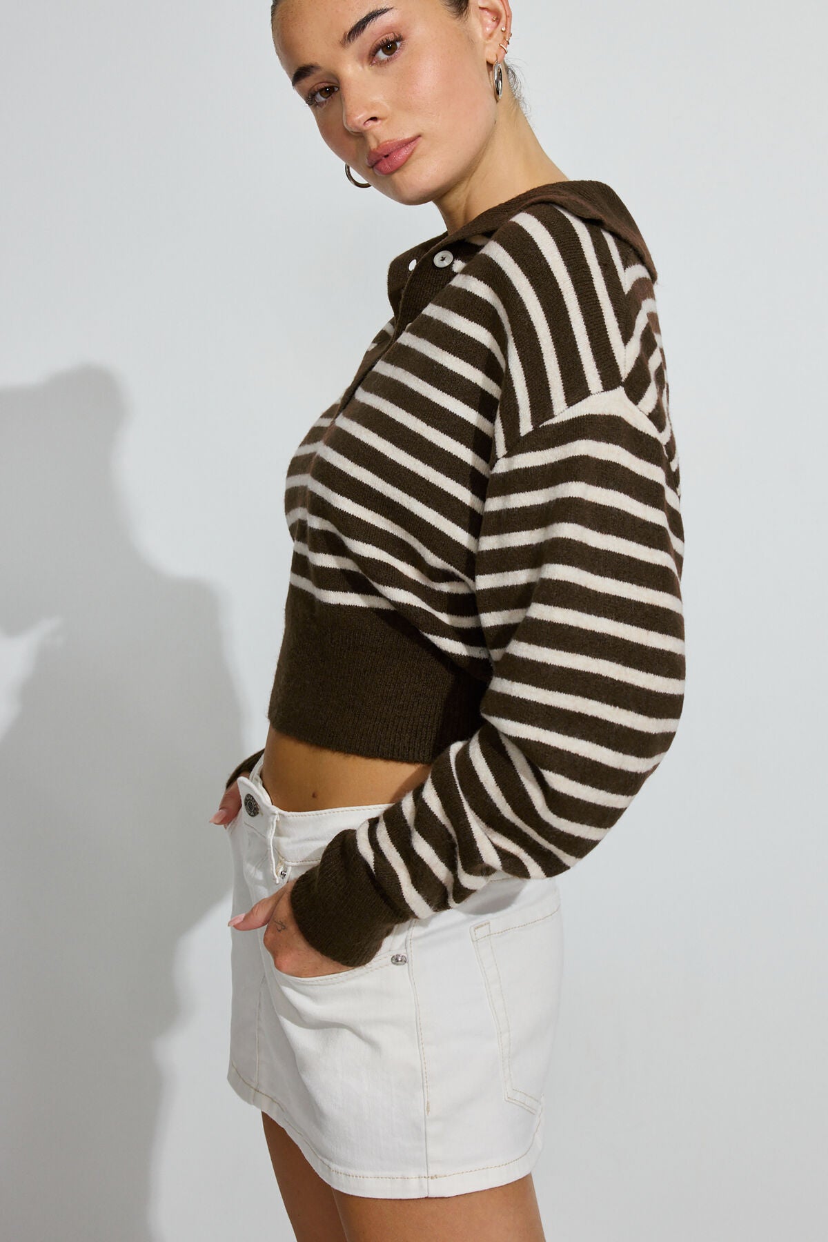 Long Sleeve Spongy Henley Sweater Brown Garage Clothing Women