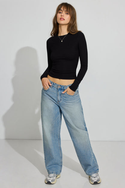 Ribbed Seamed Long Sleeve Crewneck Top Black Garage Clothing Women