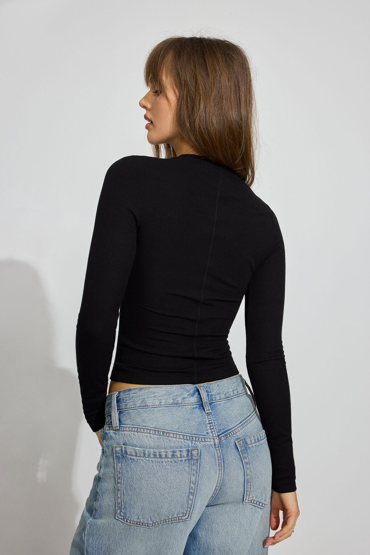 Ribbed Seamed Long Sleeve Crewneck Top Black Garage Clothing Women