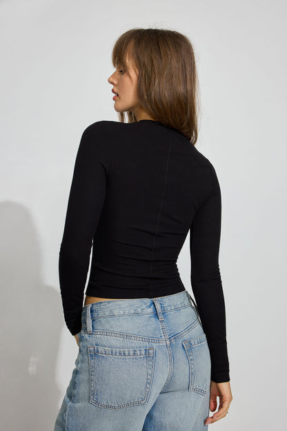 Ribbed Seamed Long Sleeve Crewneck Top Black Garage Clothing Women