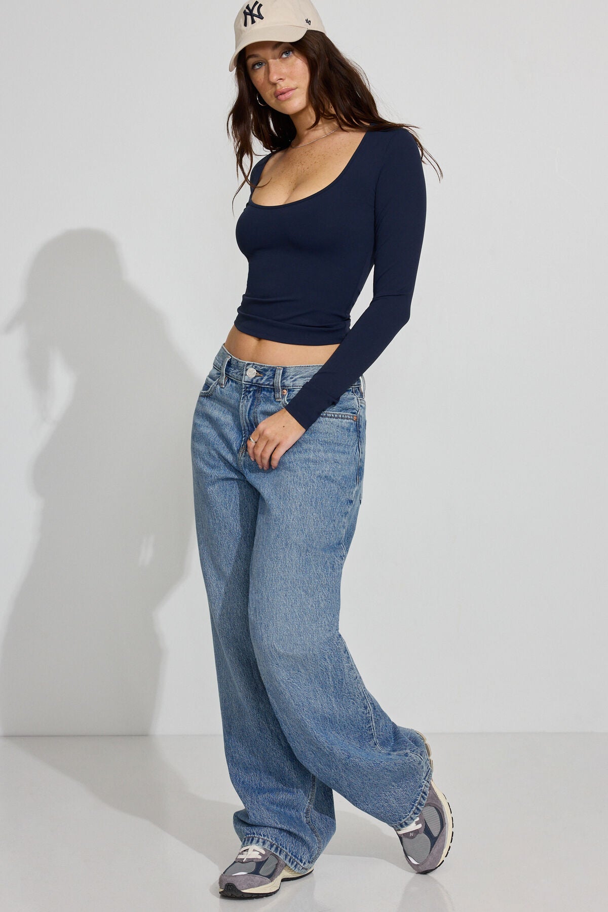Sleek Scoop Neck Long Sleeve Top Navy Garage Clothing Women