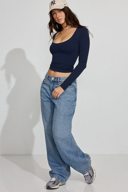 Sleek Scoop Neck Long Sleeve Top Navy Garage Clothing Women