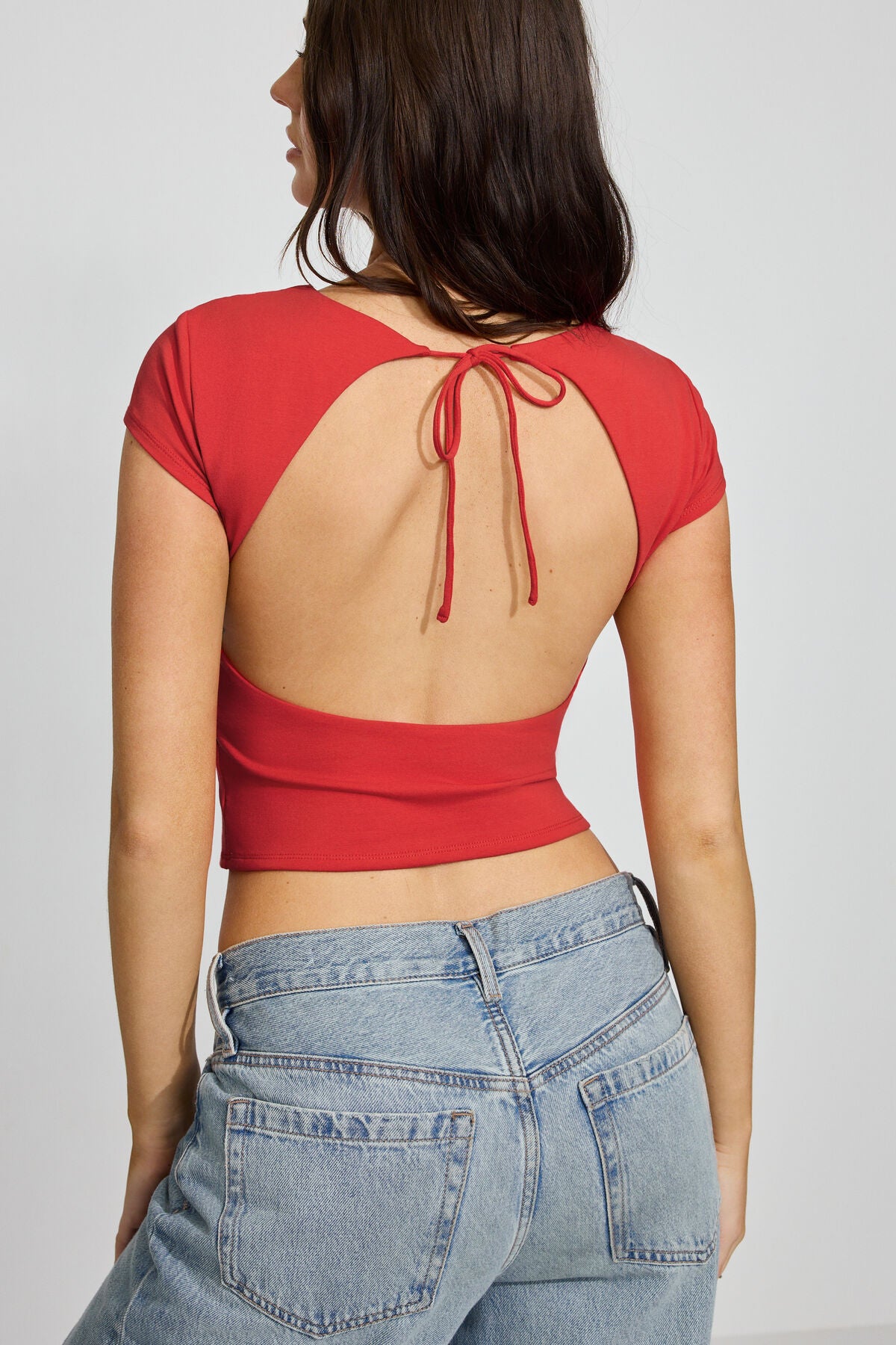 Crew Neck Open Back Tie Top Red Garage Clothing Women