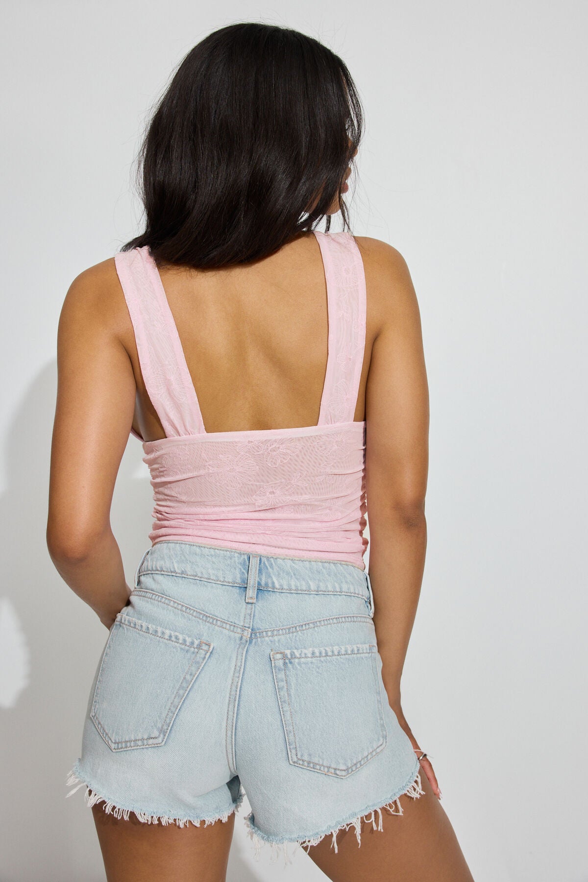 Plunge Ruched Mesh Tank Top Pink Garage Clothing Women