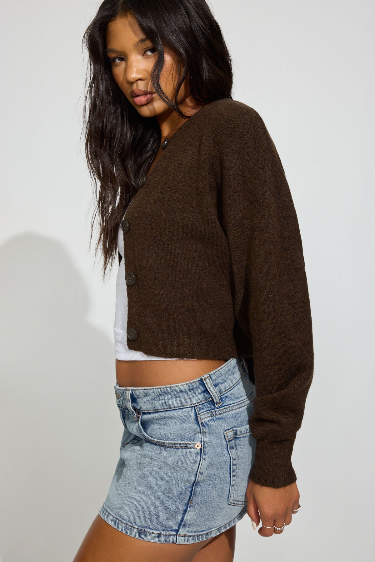 Renee Spongy Cropped Cardigan Brown Garage Clothing Women