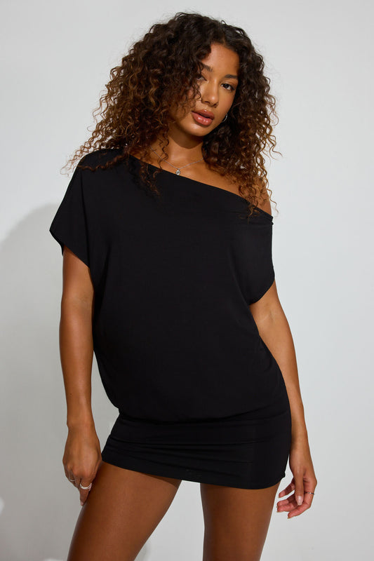 Off Shoulder Draped Mini Dress Black Garage Clothing Women