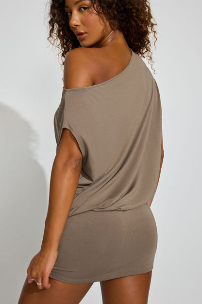 Off Shoulder Draped Mini Dress Brown Garage Clothing Women
