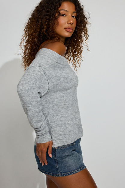 Long Sleeve Off Shoulder Bubble Sweater Gray Garage Clothing Women