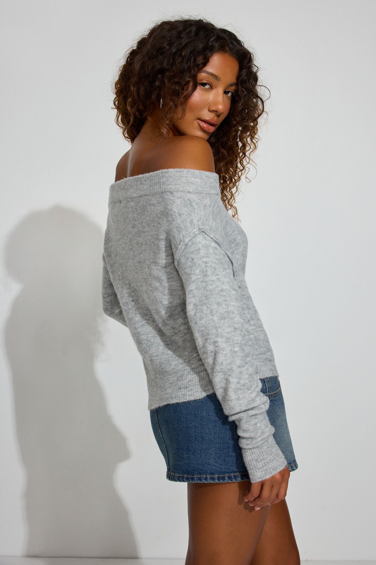 Long Sleeve Off Shoulder Bubble Sweater Gray Garage Clothing Women