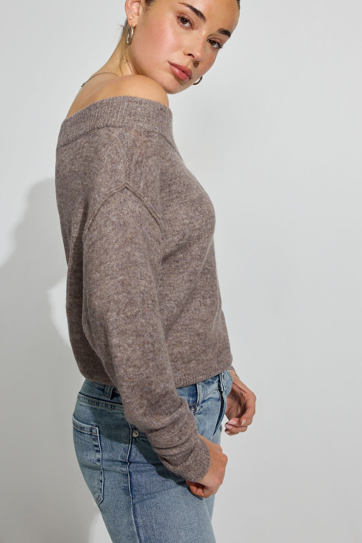 Long Sleeve Off Shoulder Bubble Sweater Brown Garage Clothing Women