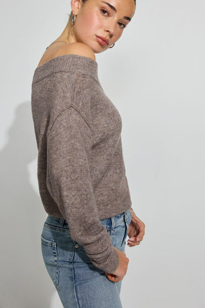 Long Sleeve Off Shoulder Bubble Sweater Brown Garage Clothing Women