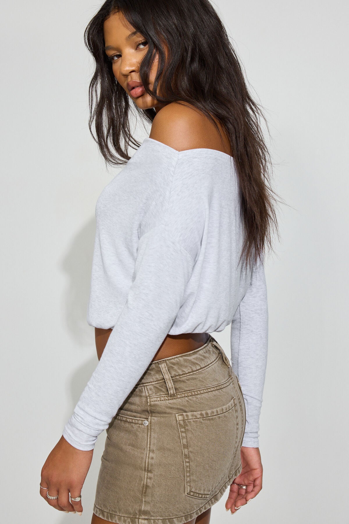 Serene Off Shoulder Long Sleeve Top Gray Garage Clothing Women