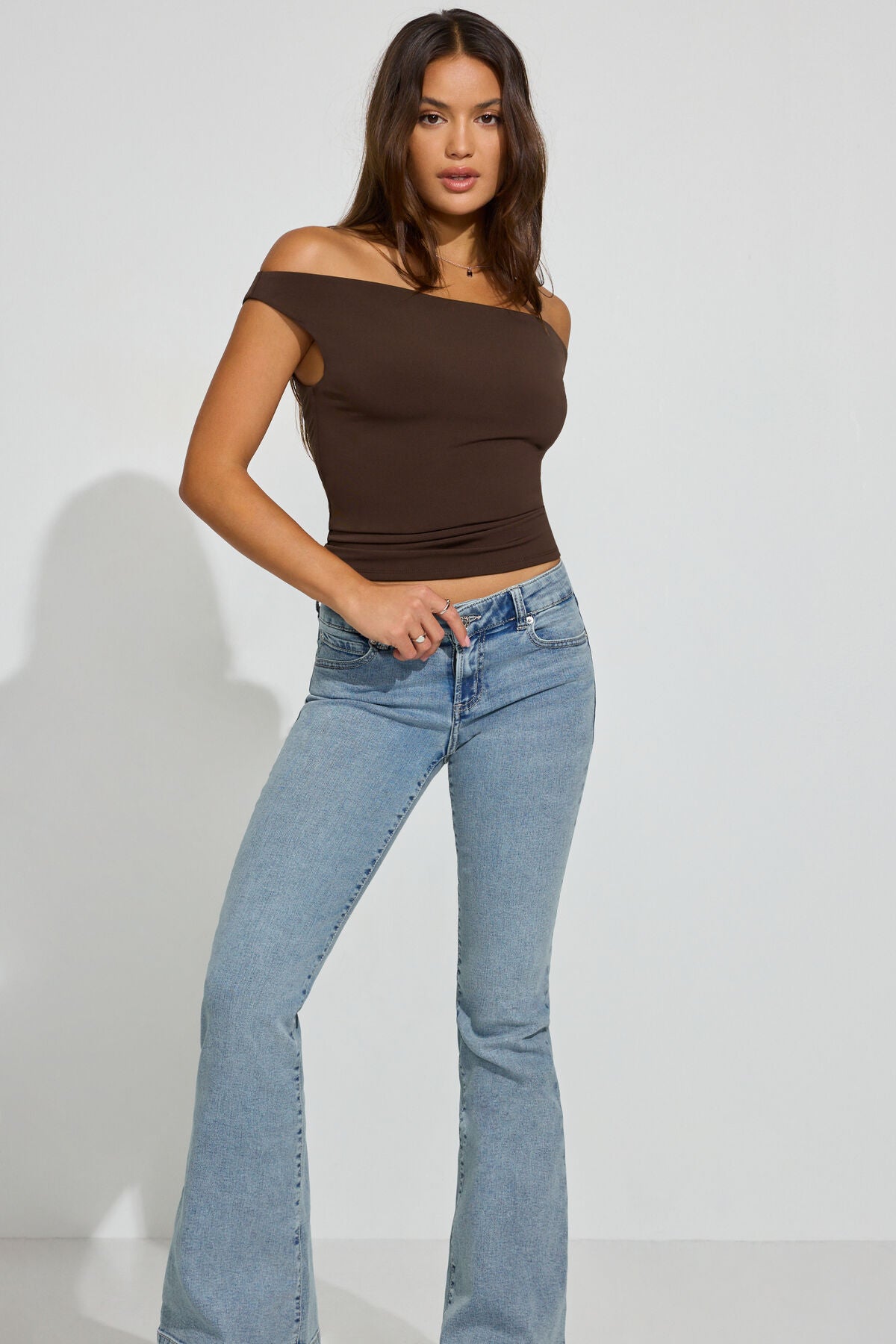 Clean Off Shoulder Top Brown Garage Clothing Women