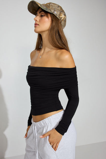 Sexy Cozy Off Shoulder Long Sleeve Top Black Garage Clothing Women