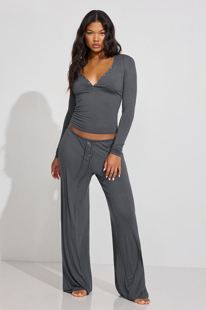 Sheer Ribbed Henley Long Sleeve Top Gray Garage Clothing Women