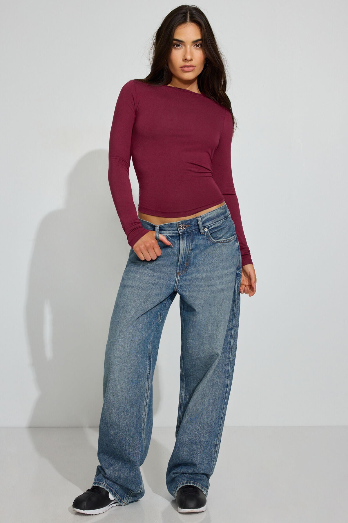 Smooth Long Sleeve Crewneck Top Burgundy Garage Clothing Women