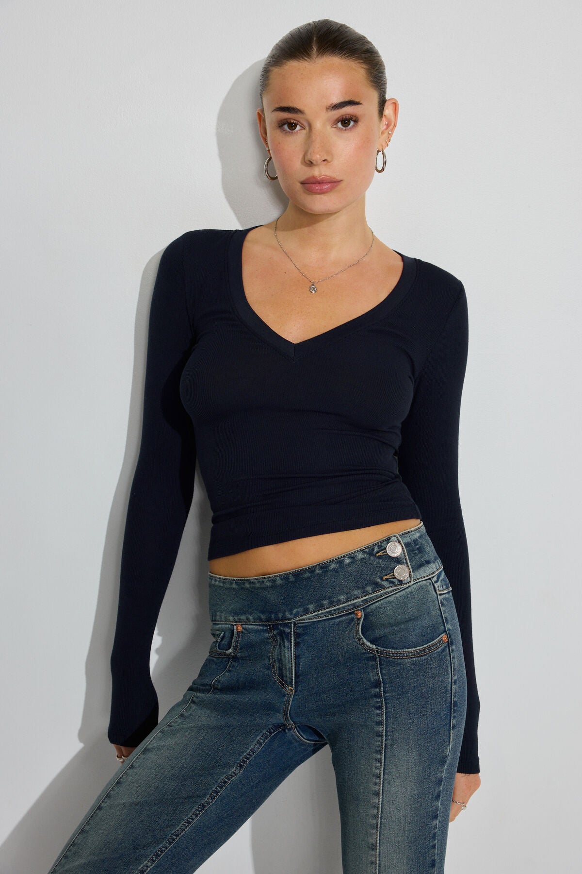 Serene Deep V-Neck Long Sleeve Top Navy Garage Clothing Women