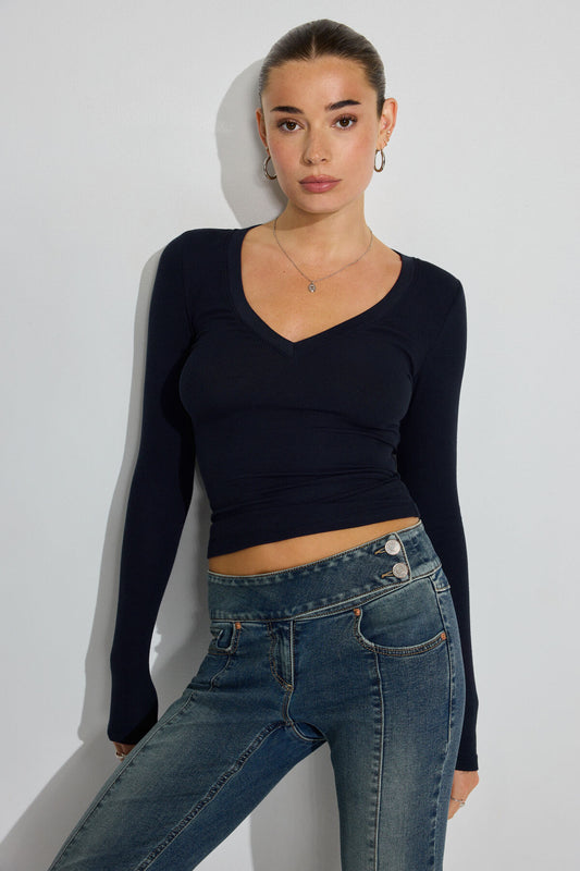 Serene Deep V-Neck Long Sleeve Top Navy Garage Clothing Women