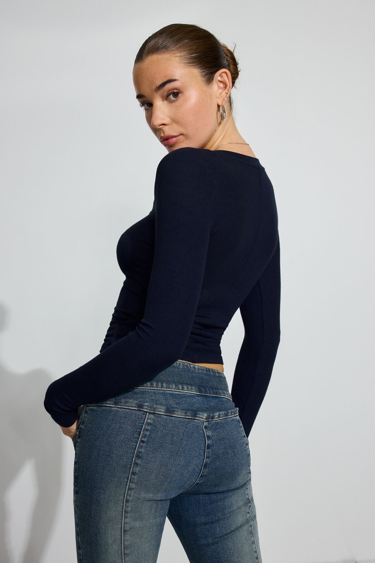 Serene Deep V-Neck Long Sleeve Top Navy Garage Clothing Women
