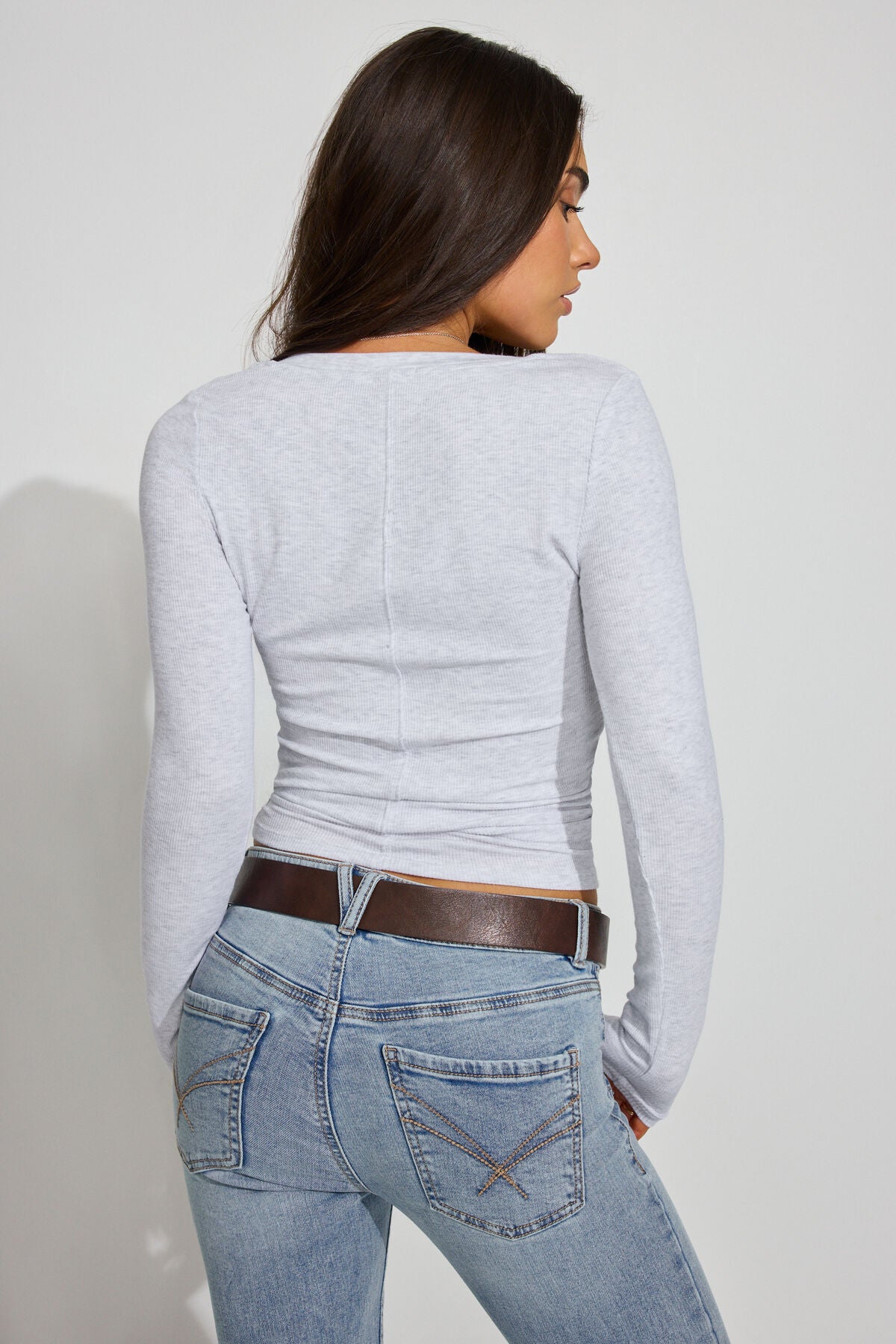 Serene Deep V-Neck Long Sleeve Top Gray Garage Clothing Women