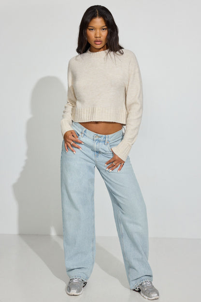 Long Sleeve Spongy Crewneck Sweater Beige Garage Clothing Women
