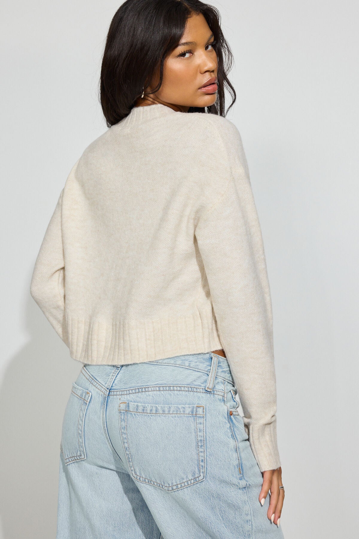 Long Sleeve Spongy Crewneck Sweater Beige Garage Clothing Women