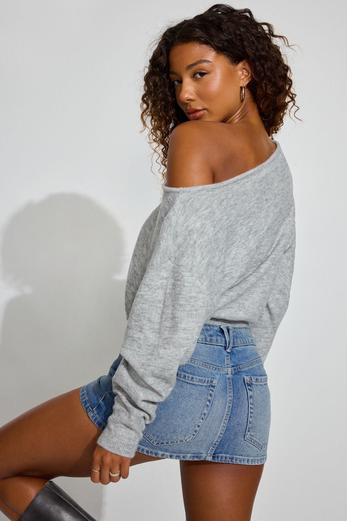Spongy Relaxed Off Shoulder Sweater Gray Garage Clothing Women