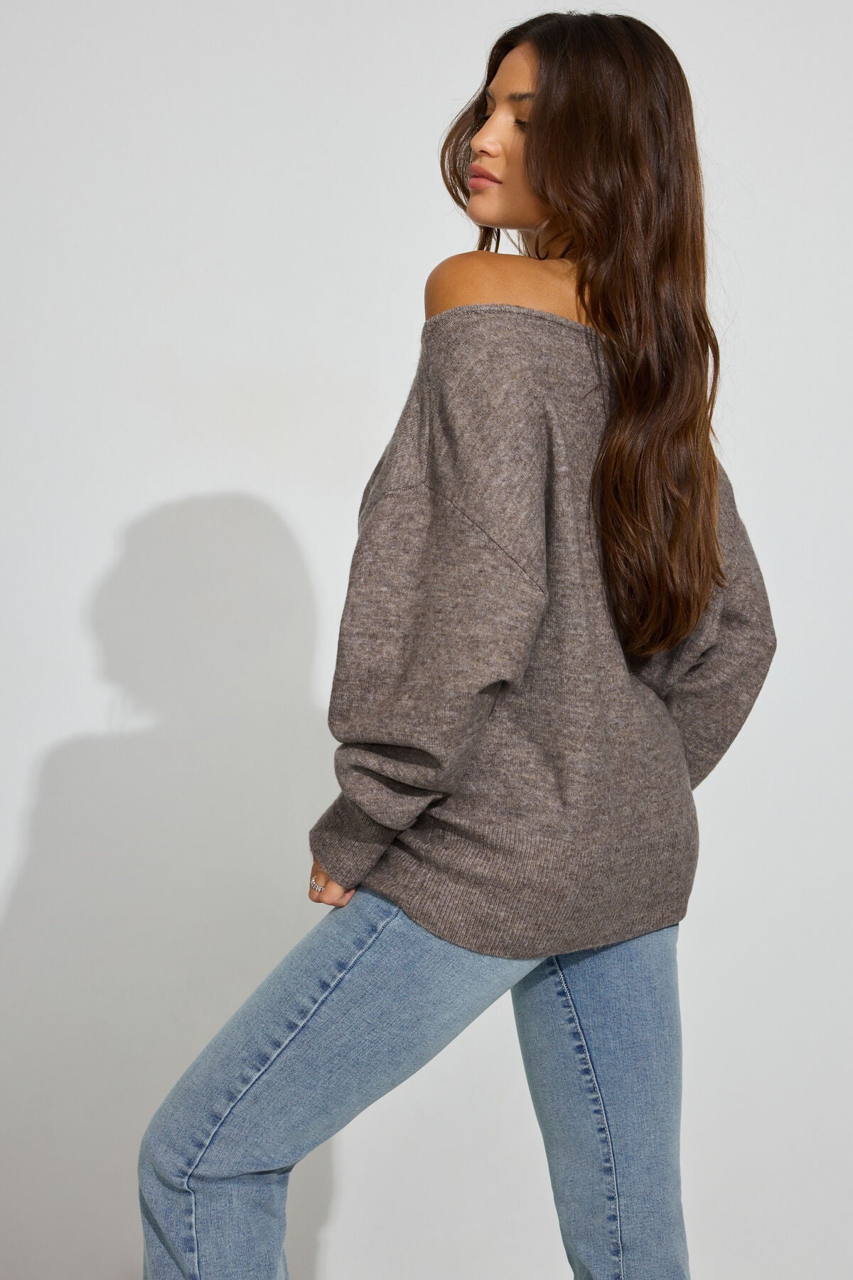Spongy Relaxed Off Shoulder Sweater Brown Garage Clothing Women