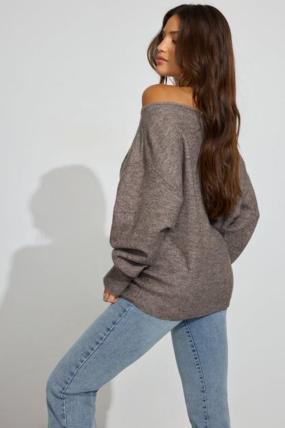 Spongy Relaxed Off Shoulder Sweater Brown Garage Clothing Women
