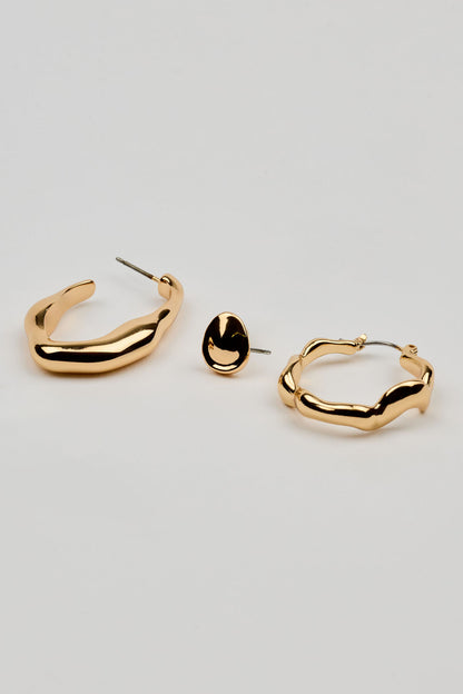 3 Pack of Wavy Studs and Hoop Earrings Yellow Garage Clothing Women
