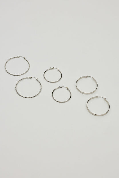 3 Pack Smooth & Textured Hoop Earrings Gray Garage Clothing Women