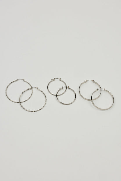 3 Pack Smooth & Textured Hoop Earrings Gray Garage Clothing Women