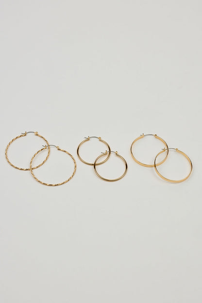 3 Pack Smooth & Textured Hoop Earrings Yellow Garage Clothing Women