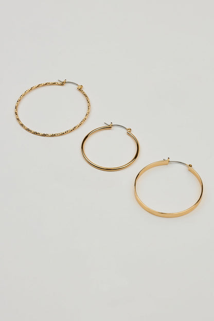 3 Pack Smooth & Textured Hoop Earrings Yellow Garage Clothing Women
