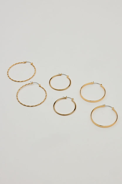 3 Pack Smooth & Textured Hoop Earrings Yellow Garage Clothing Women