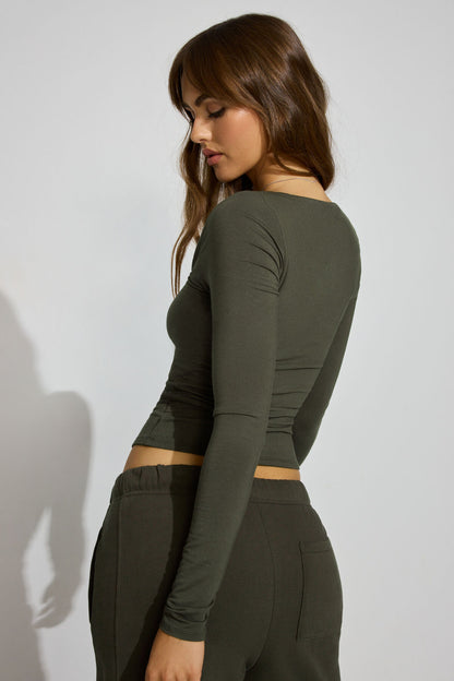 Smooth Open Neck Long Sleeve Tee Green Garage Clothing Women
